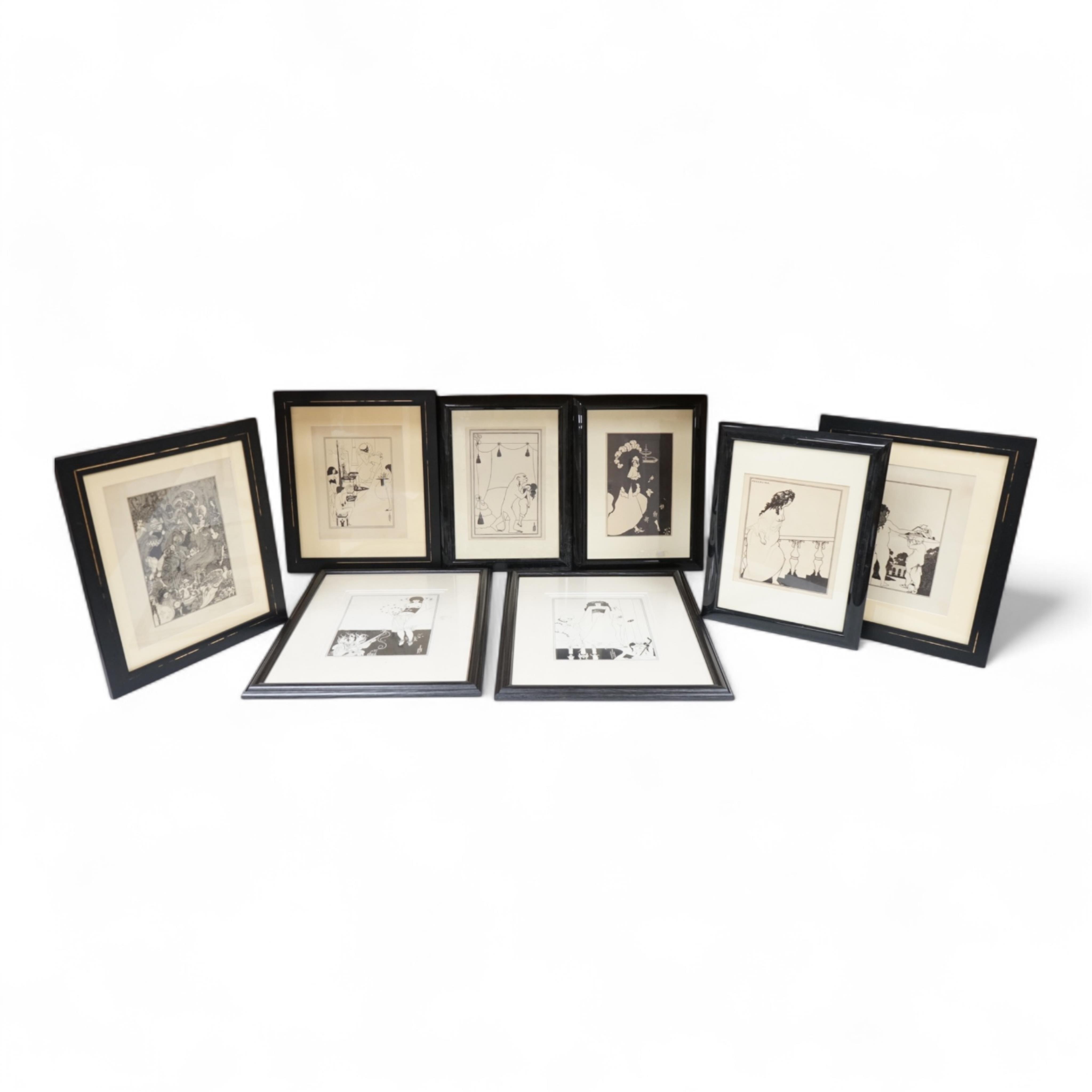 After Aubrey Beardsley (1872-1898), various scenes to include ‘Messalina’ and 'The Stomach Dancer', unsigned, eight prints, largest 24 x 17cm